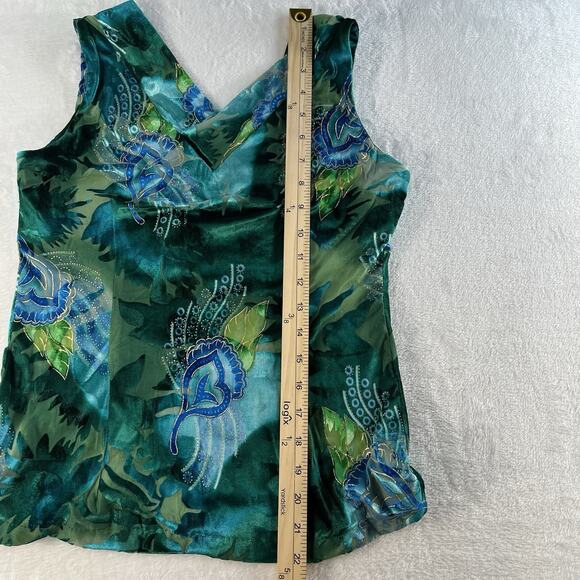 Vintage 2000s Women's S Velvet Burnout Top Teal Gold V-Neck Sleeveless Blouse - Picture 8 of 9